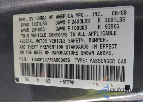 2009 Honda Accord 2.4 Ex from USA, damaged, VIN 1HGCP26779A009456